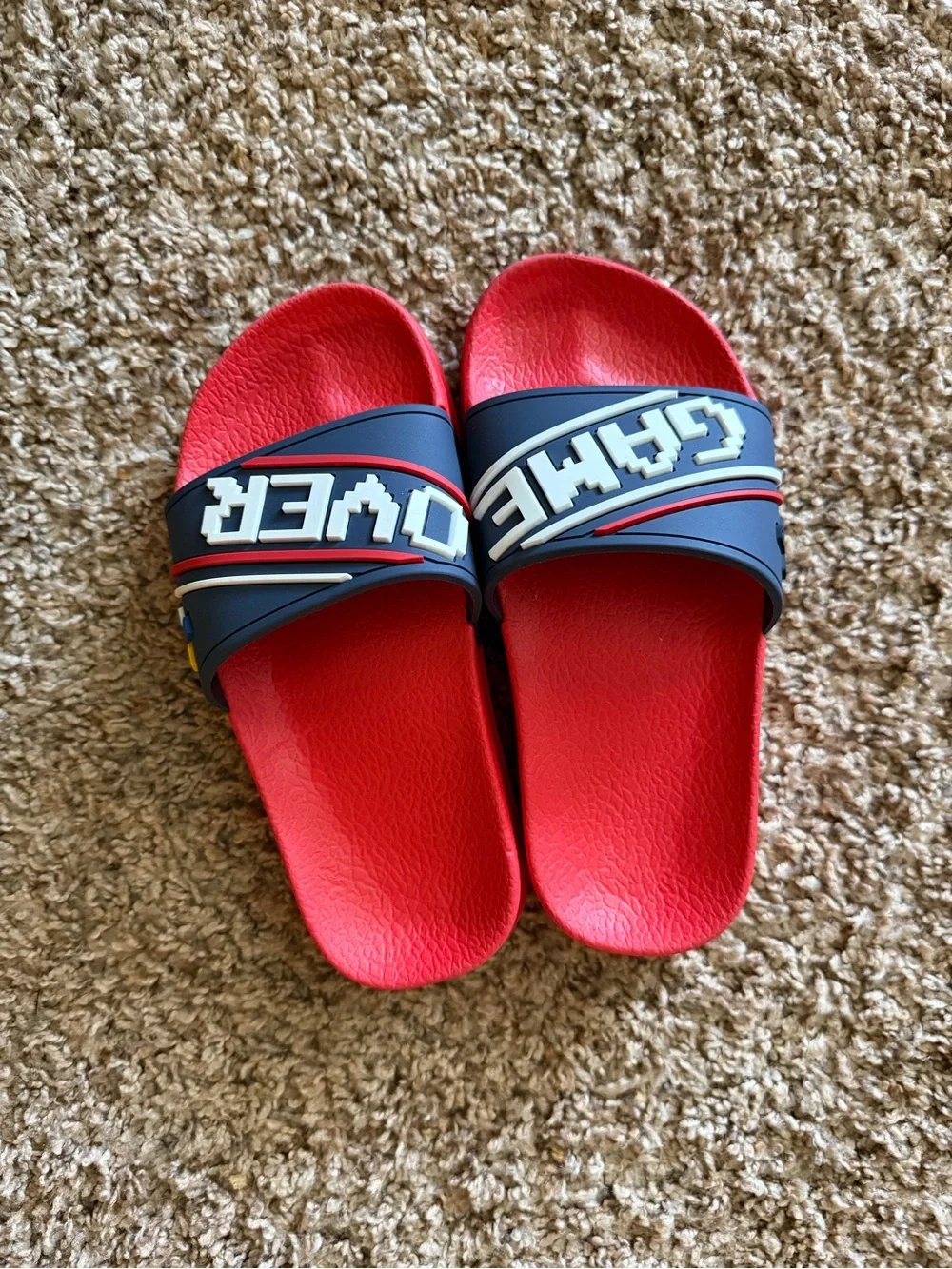 Red Slide Sandals with Navy Strap and Graphic